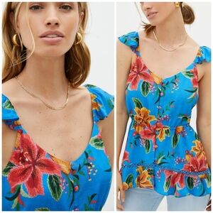 Farm Rio Blue Tropical Button Front Ruffled Top